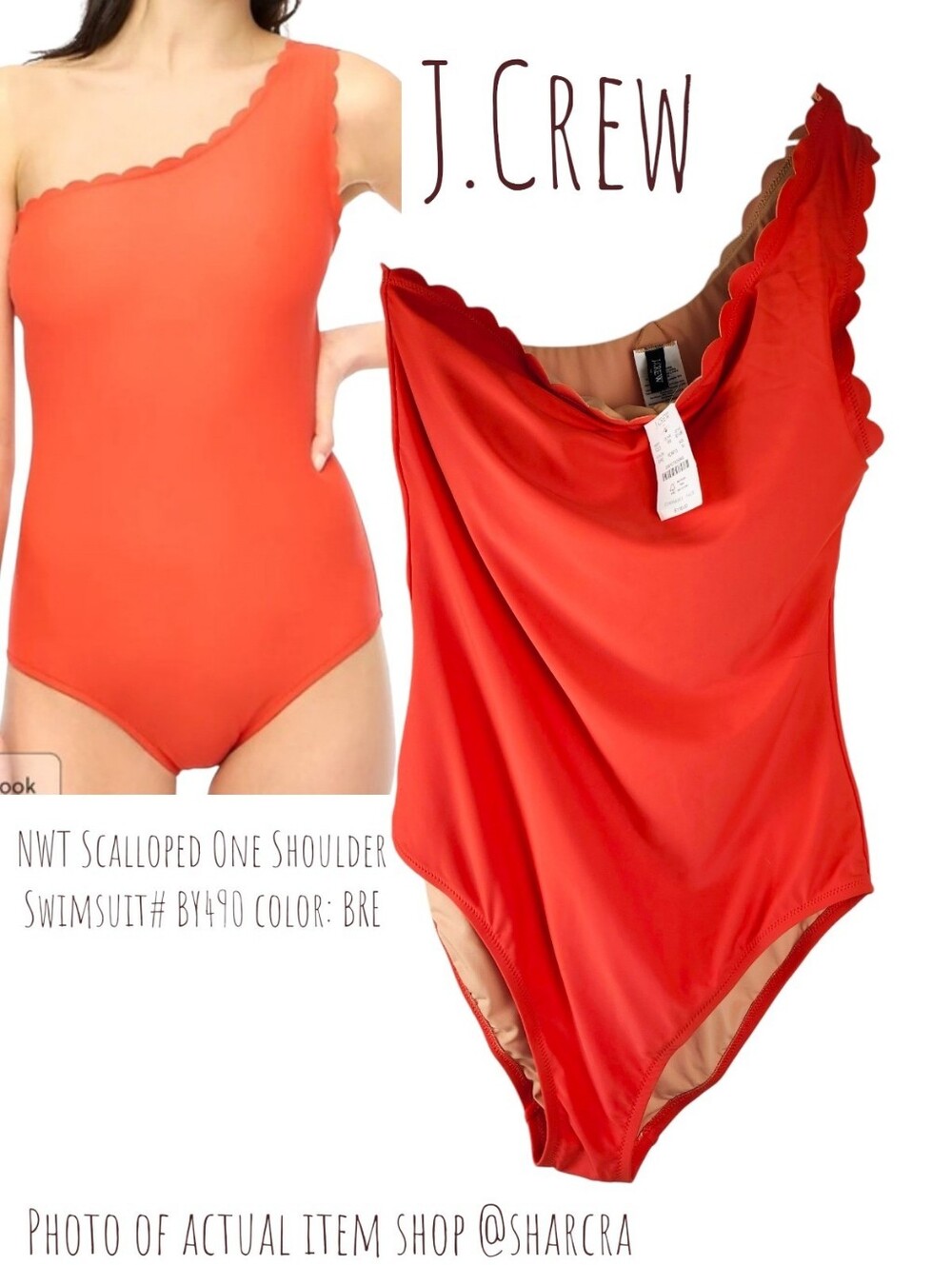 J. Crew Women's Scalloped One Shoulder One Piece Swimsuit #BY490 Red Orange M